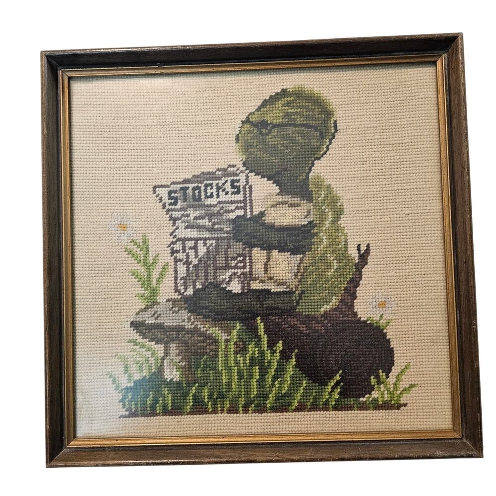 Vintage Framed Needlepoint Turtle Picture Stocks Mushroom Cottage Country Rustic
